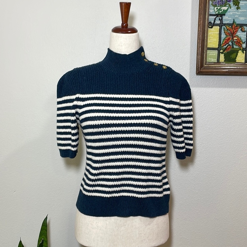 Anthropologie Maeve Divendra Knit Short Sleeve Sweater Blue Striped Size X-Small